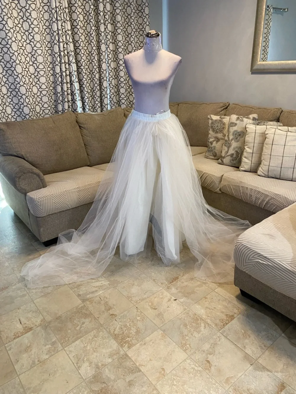 New White multi-layered tulle skirt Women XL with a flowing train and Slit